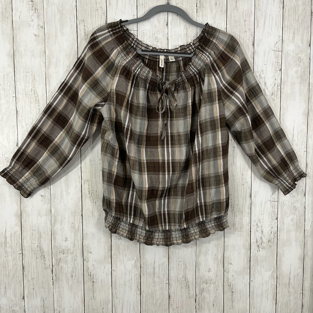 St Johns Bay Brown Plaid Boatneck Long Sleeve Shirt Size: Large
